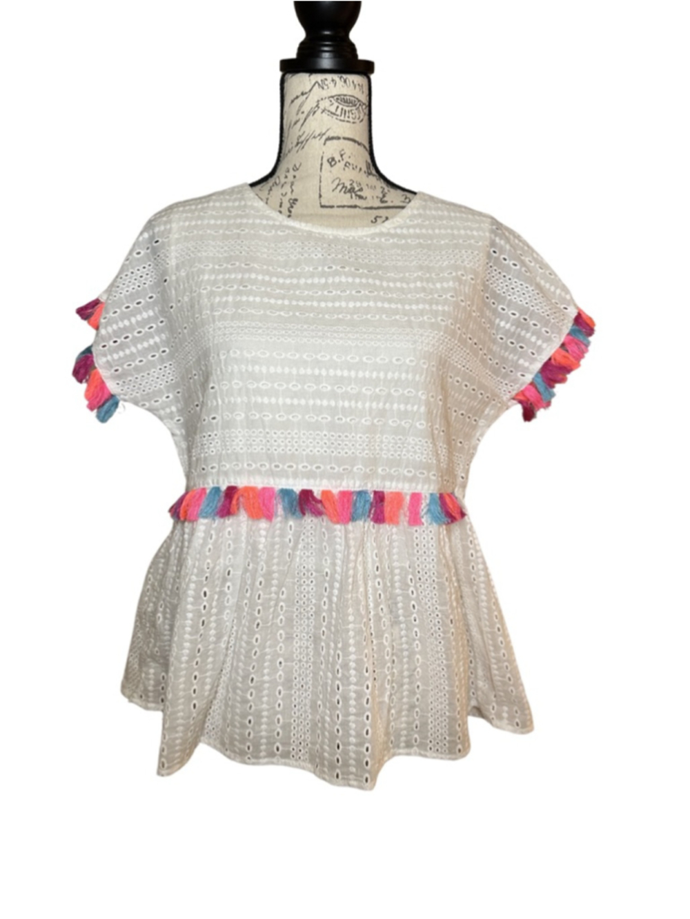 Savanna Jane Size Small NWT White Eyelet Boho Blouse with Neon Fringe Tassels